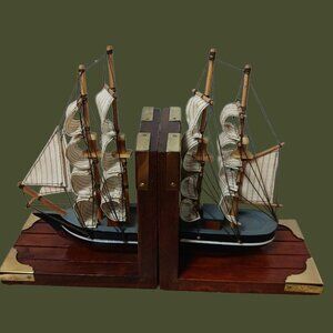 Vtg Wooden Ship Bookends With Wood & Metal Accents & Nautical Design Multicolor